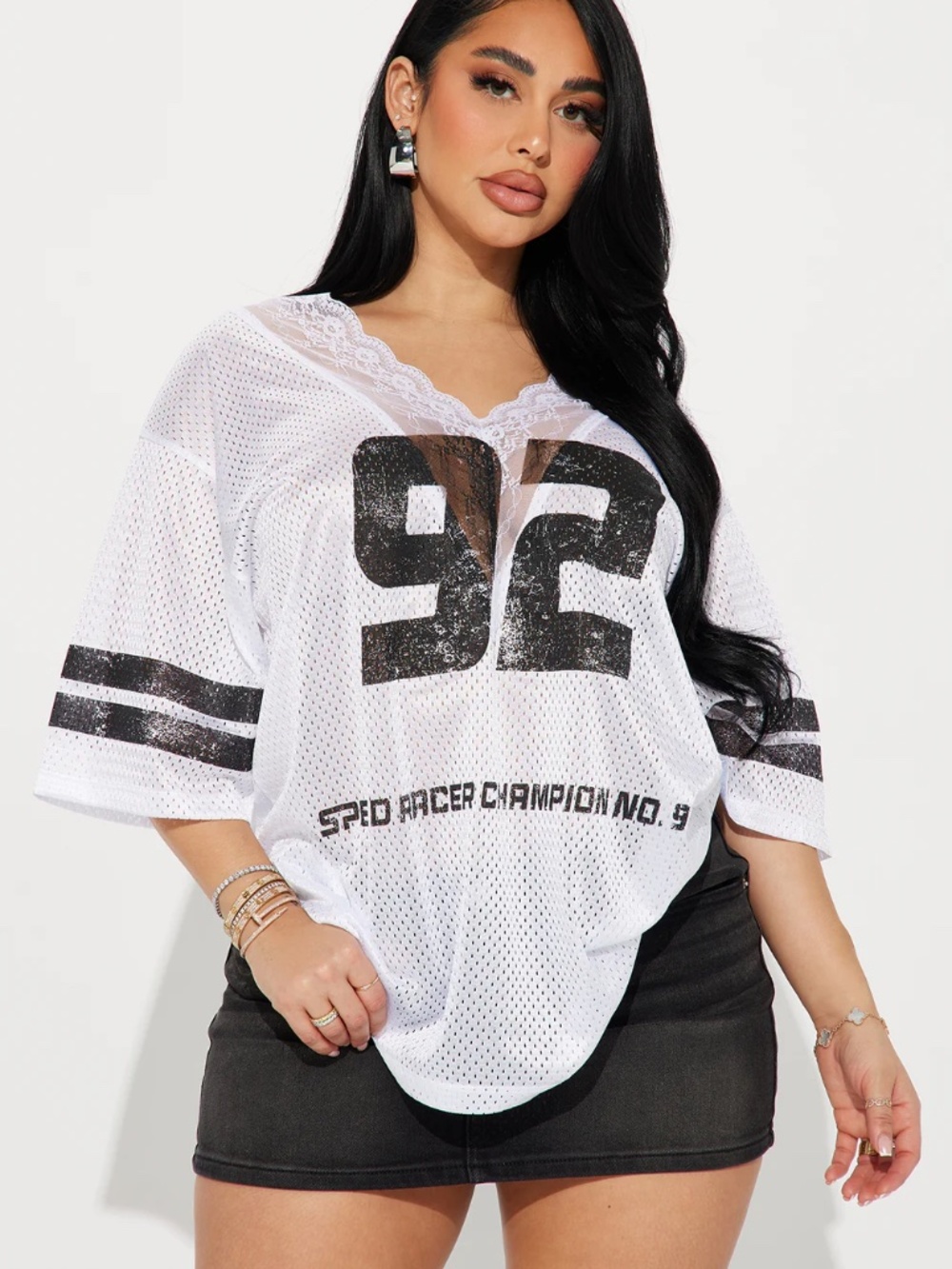 Fashion Nova White‎ & Black '92' Mesh Sports Jersey with Lace V-Neck Size XS